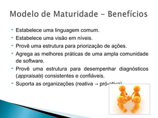  Estabelece uma linguagem comum.
 Estabelece uma visão em níveis.
 Provê uma estrutura para priorização de ações.
 Agrega as melhores práticas de uma ampla comunidade
de software.
 Provê uma estrutura para desempenhar diagnósticos
(appraisals) consistentes e confiáveis.
 Suporta as organizações (reativa → pró-ativa)
 