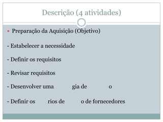 Descrição (4 atividades)
 Preparação da Aquisição (Objetivo)
- Estabelecer a necessidade
- Definir os requisitos
- Revisar requisitos
- Desenvolver uma gia de o
- Definir os rios de o de fornecedores
 