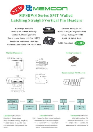 MPSBWS Series SMT Walled
Latching Straight/Vertical Pin Headers
NEW
Current Rating 2A AC
Withstanding Voltage 900VRMS
Voltage Rating 300VRMS
PA9T UL 94VO Black
Standard Gold Plated on Contact Area
Insulation Resistance 1,000MΩ
Contact 0.40mm Square Pin
Temperature Range -40°C to +125°C
4-50 Ways Available
Mates with MH545 Housings
RoHS Compliant
1.27 0.74
PIN 1
6.91
2.96
9.95
0.20
5.91
SECTION A-A
4.00
2.00
0.40
PIN 1 Marking
RoHS
MH545
XX
No of Ways
4-50
MPSBWS
Series
SG
Selective Gold
Plating
XE
Without
Ear
XP
No Fixing
Pin
Limited
6000 Red Arrow Hwy Unit
Stevensville Michigan 49127 USA
T +1 269 281 0478 F +1 269 593 5952
www.memcon.net sales@memcon.net
North America
MEMCON is a registered trade mark of Memcon LimitedR
GB Issue 1
Units 5/6 6/F Westley Square
48 Hoi Yuen Rd Kwun Tong Hong Kong
T +852 3741 1411 F +852 3747 8980
www.memcon.asia sales@memcon.asia
(Asia) Limited
Unit 8 Campus Five Third Avenue Letchworth
Hertfordshire SG6 2JF United Kingdom
T +44 1462 371477 F +44 1462 677499
www.memcon.eu sales@memcon.eu
Mating Connector
Recommended PCB Layout
Outline Dimension
1.27X (No of Ways - 1)
1.27 X (No of Ways -1) - 460
PIN 1
7.60
1.27
A
A
MEM
BB
4.70
6.00
 