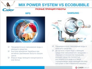 MIX POWER SYSTEM VS ECOBUBBLE
MPS SAMSUNG
 Предварительно смешивание воды и
моющего средства;
 Быстрое вращение барабана при
активное смачивание белья в начале
цикла.
 Впрыск воды моющего концентрата в
ком белья.
 Предварительно смешивание воды и
моющего средства;
 До начала стирки вода с моющим
средством смешивается с воздухом —
образуется множество пузырьков,
моющее средство полностью
растворяется в воде и в таком
«пузырьковом» виде моющий раствор
поступает в бак стиральной машины.
РАЗНЫЕ ПРИНЦИП РАБОТЫ
 