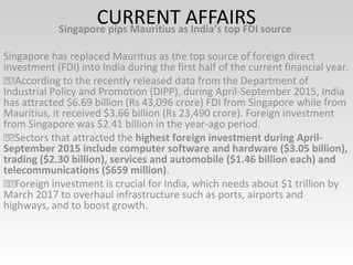 CURRENT AFFAIRSSingapore pips Mauritius as India’s top FDI source
Singapore has replaced Mauritius as the top source of foreign direct
investment (FDI) into India during the first half of the current financial year.
According to the recently released data from the Department of
Industrial Policy and Promotion (DIPP), during April-September 2015, India
has attracted $6.69 billion (Rs 43,096 crore) FDI from Singapore while from
Mauritius, it received $3.66 billion (Rs 23,490 crore). Foreign investment
from Singapore was $2.41 billion in the year-ago period.
Sectors that attracted the highest foreign investment during April-
September 2015 include computer software and hardware ($3.05 billion),
trading ($2.30 billion), services and automobile ($1.46 billion each) and
telecommunications ($659 million).
Foreign investment is crucial for India, which needs about $1 trillion by
March 2017 to overhaul infrastructure such as ports, airports and
highways, and to boost growth.
 