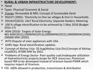 • RURAL & URBAN INFRASTRUCTURE DEVELOPMENT-
 Need
 Types- Physical/ Economic & Social
 Energy: Renewable & NRE; Concept of Sustainable Devlt
 RGGVY (2005)- ‘Electricity to One lac villages & One Cr Households
 DDUGJY(2015)- 24x7 Rural Electricity; Separate feeders; Metering
 100 % village electrification to be achieved by 1 May 2018 (Budget
2016-17)
 NSM (2010)- Targets of Solar Energy-
481 MW(2012);1000MW(2013);20000MW(2022);100000MW(2030);
200000 MW (2050).
 WTO Dispute of solar appliances with USA.
 GARV App- Rural electrification updates.
 Concept of Akshay Urja- 20 Aug(Akshay Urja Din);Concept of Akshay
Urja(NCE); 87000 MW by 2022.
 Problems of Energy Sector- Poor quality coal;Inadequate utilization
of Hydroelectricity projects;Scope for NCE resources; Plutonium
based FBR to be developed instead of Uranium based PHWR which
requires import of Uranium.
 FDI- 100% allowed in production, transmission & distribution
 