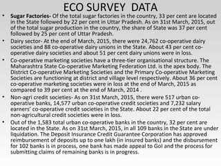 ECO SURVEY DATA
• Sugar Factories- Of the total sugar factories in the country, 33 per cent are located
in the State followed by 22 per cent in Uttar Pradesh. As on 31st March, 2015, out
of the total sugar production in the country, the share of State was 37 per cent
followed by 25 per cent of Uttar Pradesh.
• Dairy sector- At the end of March, 2015, there were 24,762 co-operative dairy
societies and 88 co-operative dairy unions in the State. About 43 per cent co-
operative dairy societies and about 51 per cent dairy unions were in loss.
• Co-operative marketing societies have a three-tier organisational structure. The
Maharashtra State Co-operative Marketing Federation Ltd. is the apex body. The
District Co-operative Marketing Societies and the Primary Co-operative Marketing
Societies are functioning at district and village level respectively. About 36 per cent
co-operative marketing societies were in loss at the end of March, 2015 as
compared to 39 per cent at the end of March, 2014 .
• Non-agri credit societies- As on 31st March, 2015, there were 517 urban co-
operative banks, 14,577 urban co-operative credit societies and 7,232 salary
earners’ co-operative credit societies in the State. About 22 per cent of the total
non-agricultural credit societies were in loss.
• Out of the 1,583 total urban co-operative banks in the country, 32 per cent are
located in the State. As on 31st March, 2015, in all 109 banks in the State are under
liquidation. The Deposit Insurance Credit Guarantee Corporation has approved
reimbursement of deposits up to one lakh (in insured banks) and the disbursement
for 102 banks is in process, one bank has made appeal to GoI and the process for
submitting claims of remaining banks is in progress.
 