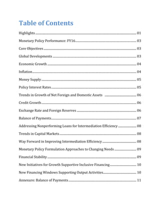 Table of Contents
Highlights...................................................................................................................................... 01
Monetary Policy Performance: FY16................................................................................. 03
Core Objectives........................................................................................................................... 03
Global Developments ............................................................................................................... 03
Economic Growth ...................................................................................................................... 04
Inflation.......................................................................................................................................... 04
Money Supply.............................................................................................................................. 05
Policy Interest Rates................................................................................................................. 05
Trends in Growth of Net Foreign and Domestic Assets .......................................... 06
Credit Growth.............................................................................................................................. 06
Exchange Rate and Foreign Reserves ............................................................................... 06
Balance of Payments................................................................................................................. 07
Addressing Nonperforming Loans for Intermediation Efficiency ........................ 08
Trends in Capital Markets...................................................................................................... 08
Way Forward in Improving Intermediation Efficiency ............................................. 08
Monetary Policy Formulation Approaches to Changing Needs ............................. 09
Financial Stability ...................................................................................................................... 09
New Initiatives for Growth Supportive Inclusive Financing................................... 10
New Financing Windows Supporting Output Activities............................................ 10
Annexure: Balance of Payments.......................................................................................... 11
 