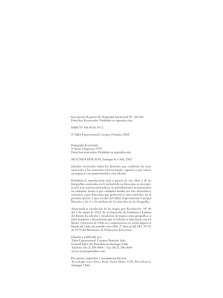 INDEX




        Inscripción Registro de Propiedad Intelectual Nº 126.820
        Derechos Reservados. Prohibida su reproducción.

        ISBN Nº 956-8136-59-2

        © Taller Experimental Cuerpos Pintados, 2002


        Fotografía de portada
        © Anne Chapman, 1972
        Derechos reservados. Prohibida su reproducción.

        SEGUNDA EDICION, Santiago de Chile, 2002

        Quedan reser vados todos los derechos que confieren las leyes
        nacionales y los convenios inter nacionales vigentes o que entren
        en vigencia con posterioridad a esta edición.

        Prohibida la reproducción total o parcial de este libro y de las
        fotografías contenidas en él, incluyendo su fotocopia, su incorpo-
        ración a un sistema informático, su arrendamiento, su transmisión
        en cualquier forma o por cualquier medio, sea éste electrónico,
        mecánico o por fotocopia, por grabación u otros métodos, sin el
        permiso previo y por escrito del Taller Experimental Cuerpos
        Pintados y de el o los titulares de los derechos de las fotografías.

        Autorizada la circulación de los mapas, por Resolución N° 06
        del 8 de enero de 2002, de la Dirección de Fronteras y Límites
        del Estado. La edición y circulación de mapas, cartas geográficas u
        otros impresos y documentos que se refieran o relacionen con los
        límites y fronteras de Chile, no comprometen, en modo alguno, al
        Estado de Chile, de acuerdo con el Art. 2º, letra g) del DFL. Nº 83
        de 1979 del Ministerio de Relaciones Exteriores.

        Editado y publicado por:
        Taller Experimental Cuerpos Pintados Ltda.
        General Salvo 20, Providencia, Santiago, Chile
        Teléfono (56-2) 200 0000 - Fax (56-2) 200 0609
        www.cuerpospintados.com

        Pre-prensa, impresión y encuadernación por:
        Tecnología Uno Ltda., Avda. Santa María 0120, Providencia,
        Santiago, Chile




306
 