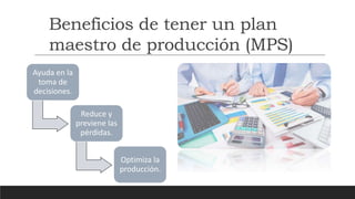Ayuda en la
toma de
decisiones.
Reduce y
previene las
pérdidas.
Optimiza la
producción.
Beneficios de tener un plan
maestro de producción (MPS)
 
