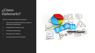 ¿Cómo
elaborarlo?
Tener en cuenta los siguientes aspectos:
1. Numero de periodos durante los cuales se
extenderá tu planeación.
2. Cantidad del inventario inicial.
3. Pronóstico de demanda.
4. Periodos de los clientes.
5. Lote de producción por periodo.
 