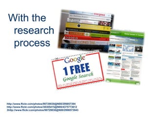 With the
research
process
http://www.flickr.com/photos/90729030@N00/299857394
http://www.flickr.com/photos/38305415@N00/4375773612
3http://www.flickr.com/photos/90729030@N00/2998573943
 