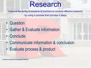 Research
Improve the ability of students & teachers to conduct effective research
by using a process that includes 5 steps
• Question
• Gather & Evaluate information
• Conclude
• Communicate information & conclusion
• Evaluate process & product
www.flickr.com/photos/47643206@N00/185651630
 