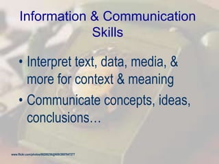 Information & Communication
Skills
• Interpret text, data, media, &
more for context & meaning
• Communicate concepts, ideas,
conclusions…
www.flickr.com/photos/66208256@N00/2697847277
 