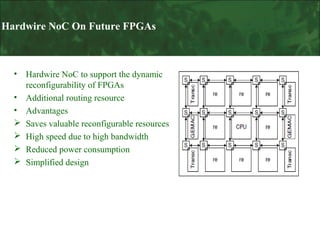 Hardwire NoC On Future FPGAs

•
•
•





Hardwire NoC to support the dynamic
reconfigurability of FPGAs
Additional routing resource
Advantages
Saves valuable reconfigurable resources
High speed due to high bandwidth
Reduced power consumption
Simplified design

 