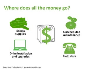 Where does all the money go? Open Road Technologies  |  www.ortmemphis.com Drive installation and upgrades Unscheduled maintenance Help desk Excess supplies 