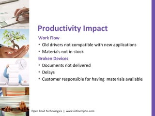 Productivity Impact Work Flow Old drivers not compatible with new applications Materials not in stock  Broken Devices Documents not delivered Delays Customer responsible for having  materials available Open Road Technologies  |  www.ortmemphis.com 