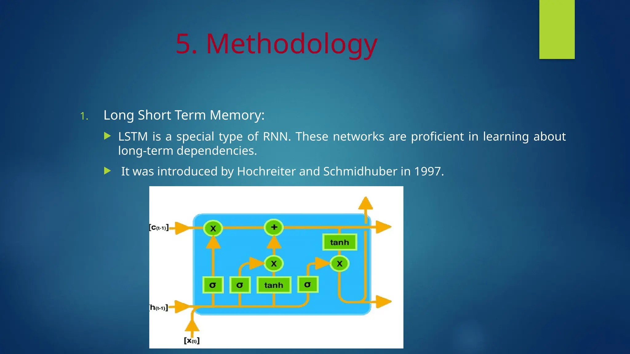 5. Methodology
1. Long Short Term Memory:
 LSTM is a special type of RNN. These networks are proficient in learning about
long-term dependencies.
 It was introduced by Hochreiter and Schmidhuber in 1997.
 