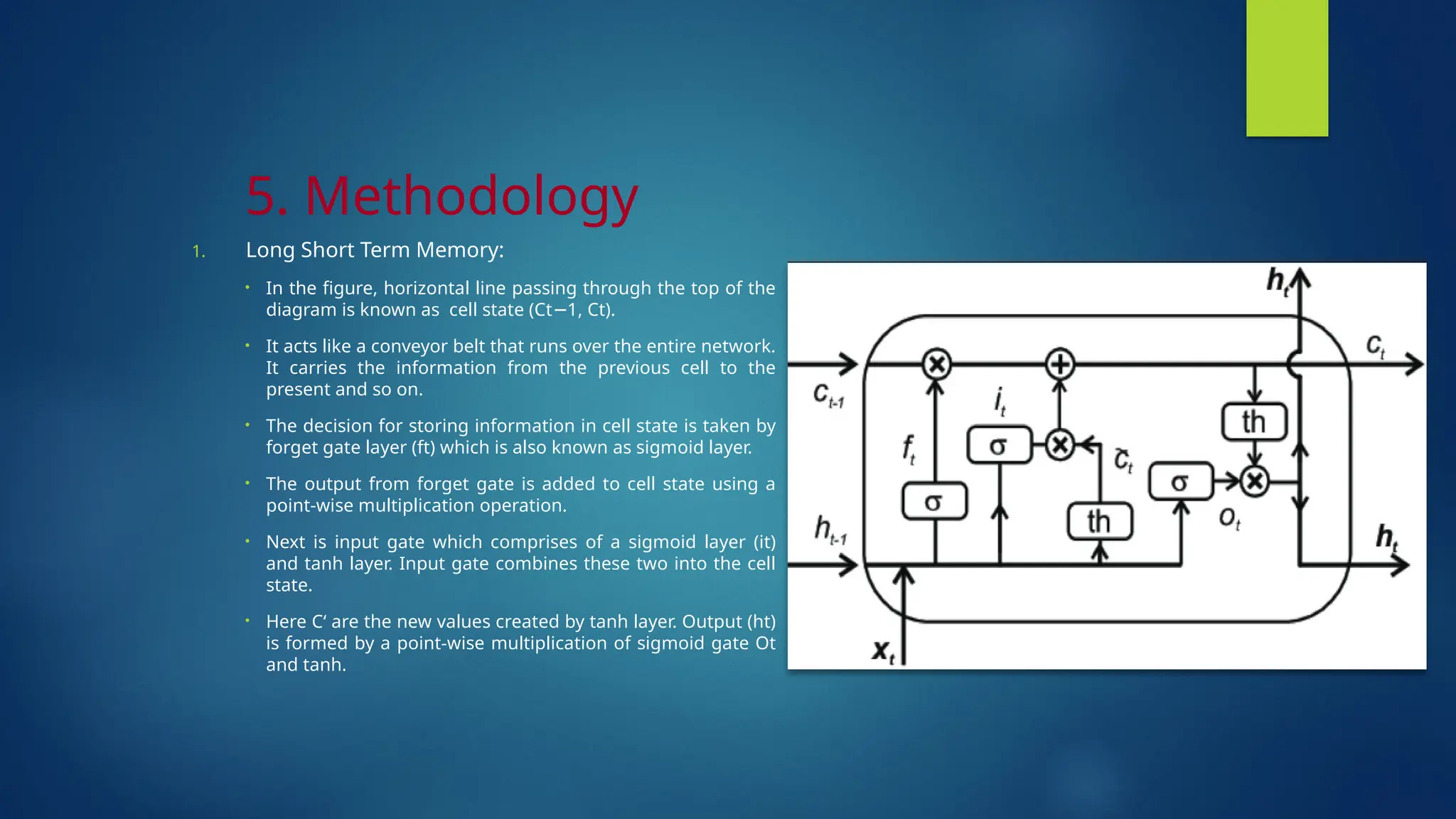 5. Methodology
1. Long Short Term Memory:
• In the figure, horizontal line passing through the top of the
diagram is known as cell state (Ct 1, Ct).
−
• It acts like a conveyor belt that runs over the entire network.
It carries the information from the previous cell to the
present and so on.
• The decision for storing information in cell state is taken by
forget gate layer (ft) which is also known as sigmoid layer.
• The output from forget gate is added to cell state using a
point-wise multiplication operation.
• Next is input gate which comprises of a sigmoid layer (it)
and tanh layer. Input gate combines these two into the cell
state.
• Here C‘ are the new values created by tanh layer. Output (ht)
is formed by a point-wise multiplication of sigmoid gate Ot
and tanh.
 
