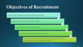 Objectives of Recruitment
organization’s objective (short term and long term),
identification of the recruitment needs,
the preferred source of recruitment,
criteria of selection and preferences, and
the cost of recruitment and its financial implications of the
same. Objectives are targets and goals.
 