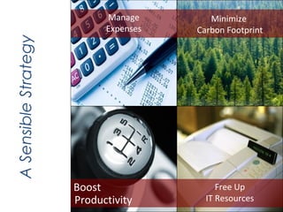 Manage        Minimize
A Sensible Strategy         Expenses   Carbon Footprint




                      Boost                 Free Up
                      Productivity       IT Resources
 