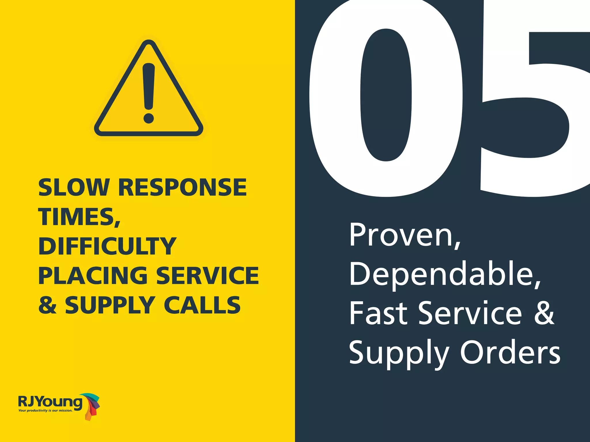 Proven,
Dependable,
Fast Service &
Supply Orders
05SLOW RESPONSE
TIMES,
DIFFICULTY
PLACING SERVICE
& SUPPLY CALLS
 