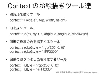 Context のお絵描きツール達
• 四角形を描くツール 
context.ﬁllRect(left, top, width, height)
• 円を描くツール 
context.arc(cx, cy, r, s_angle, e_angle, c_clockwise)
• 図形の枠線の色を指定するツール 
context.strokeStyle = “rgb(255, 0, 0)” 
context.strokeStyle = “#FF0000”
• 図形の塗りつぶし色を指定するツール 
context.ﬁllStyle = “rgb(255, 0, 0)” 
context.ﬁllStyle = “#FF0000”
MPS 世田谷 第4回(2015/08/23)資料 (c) Junya Kaneko
 