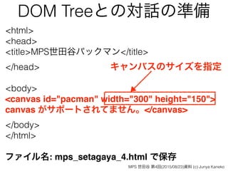DOM Treeとの対話の準備
<html>
<head>
<title>MPS世田谷パックマン</title>
</head>
<body>
<canvas id="pacman" width="300" height="150"> 
canvas がサポートされてません。</canvas>
</body>
</html>
ファイル名: mps_setagaya_4.html で保存
キャンバスのサイズを指定
MPS 世田谷 第4回(2015/08/23)資料 (c) Junya Kaneko
 