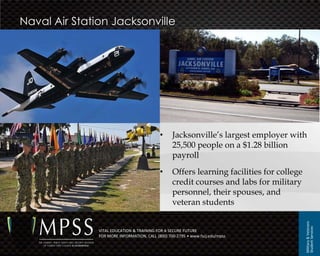 Naval Air Station Jacksonville




                                            •     Jacksonville’s largest employer with
                                                  25,500 people on a $1.28 billion
                                                  payroll
                                            •     Offers learning facilities for college
                                                  credit courses and labs for military
                                                  personnel, their spouses, and
                                                  veteran students




                                                                                           Military & Veterans
                                                                                           Student Services
               VITAL EDUCATION & TRAINING FOR A SECURE FUTURE
               FOR MORE INFORMATION, CALL (800) 700-2795 • www.fscj.edu/mpss
 