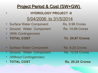 Project Period & Cost (SW+GW)Project Period & Cost (SW+GW)
• HYDROLOGY PROJECT -II
5/04/2006 to 31/5/2014
• Surface Water Component Rs. 9.98 Crores
• Ground Water Component Rs. 14.69 Crores
• (With Contingencies)
• TOTAL COST Rs. 24.67 Crores
• Surface Water Component Rs. 8.20 Crores
• Ground Water Component Rs. 12.04 Crores
• (Without Contingencies)
• TOTAL COST Rs. 20.24 Crores
 