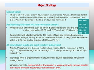 Major FindingsMajor Findings
Ground water:
• The overall well water at both downstream southern side (Chunna Bhatti residential
area) and south western side (Amrapali enclave) and upstream north-eastern side
(Near Academy building) of the lake are found contaminated.
At upstream (north-east and north-west side of lake):
• Average value of nutrients such as nitrate & phosphate along with the organic
matter reported as 29.30 mg/l, 0.23 mg/l, and 18.56 mg/l respectively.
• Peizometric well situated within the 100 meter of lake also reported presence of
ammonical nitrogen toxicity above its permissible limit of <0.3 mg/l, with a maximum
value of 2.25 mg/l and an average of 0.63mg/l NH3-N.
At  downstream (south and south-western side of lake): 
• Nitrate, Phosphate and Organic matter values reported to the maximum of 109.2
mg/l, 1.0 mg/l and 64 mg/l and an average of 26.99 mg/l, 0.26 mg/l and 14.95 mg/l
respectively.
• Increased level of organic matter in ground water aquifer establishes intrusion of
sewage water.
• Whereas domestic wells located at downstream to waste-wear with massive basaltic
sand stone formation reported low contamination level.
MPL -WHO
PO4 -  <1.0 
NH3-N - <0.3 
NO3 – <45 
COD - <10
 