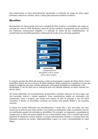 Esta característica as torna particularmente apropriadas à confecção de roupas de praia, peças
femininas, esportivas e íntimas, meias e artigos para aplicações médicas e estéticas.

Microfibra

Recentemente foi desenvolvida uma nova variedade de fibra sintética, a microfibra, que surgiu no
mercado por volta de 1990. Produzida a partir de acrílico, poliéster ou poliamida, ela se caracteriza
por filamentos extremamente delgados e é utilizada na forma de fios multifilamentos. As
características da microfibra permitem a fabricação de tecidos leves e de toque agradável.




                                          Comparação da
                                     microfibra com as outras
                                       fibras mais comuns.


É a terceira geração das fibras não-naturais e estão revolucionando o mundo das fibras têxteis. Com a
microfibra, nasceu um novo conceito de fibras sintéticas: fibras confortáveis e agradáveis ao uso, que
atende às exigências das mais variadas aplicações, com grande facilidade na manutenção e alta
durabilidade. É um fio têxtil que se caracteriza pelo seu reduzido diâmetro ou título, expresso em
decitex (dtex).

Os tecidos fabricados em microfilamentos de poliamida e poliéster oferecem um novo toque, que
alia suavidade, maciez e contato agradável. Essas características podem ser otimizadas com
acabamentos como a lixagem, que resulta num aspecto de pele de pêssego. E por sua baixa
resistência à flexão, as microfibras conferem aos tecidos uma grande fluidez e um excelente
caimento.

A textura dos tecidos fabricados em microfilamentos é muito fina, e por esta razão, são mais
suscetíveis ao atrito do que outros tecidos. Com relação ao acabamento, todos os parâmetros devem
ser modificados quando são utilizadas as microfibras. Por exemplo: no tingimento, a quantidade de
corantes para se obter um mesmo padrão de cor é sensivelmente maior, isso se justifica pela maior
superfície de filamentos a serem tingidos. A textura suficientemente fechada e a extrema finura dos
filamentos conferem aos tecidos: impermeabilidade à água e ao vento e permeabilidade ao vapor
d'água.


                                                                                                 19
 