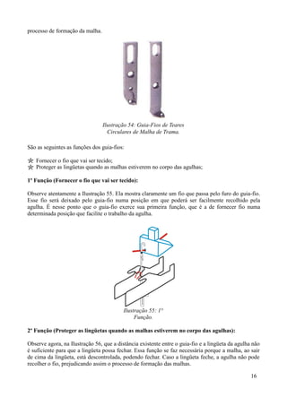processo de formação da malha.




                                 Ilustração 54: Guia-Fios de Teares
                                   Circulares de Malha de Trama.

São as seguintes as funções dos guia-fios:

   Fornecer o fio que vai ser tecido;
   Proteger as lingüetas quando as malhas estiverem no corpo das agulhas;

1º Função (Fornecer o fio que vai ser tecido):

Observe atentamente a Ilustração 55. Ela mostra claramente um fio que passa pelo furo do guia-fio.
Esse fio será deixado pelo guia-fio numa posição em que poderá ser facilmente recolhido pela
agulha. É nesse ponto que o guia-fio exerce sua primeira função, que é a de fornecer fio numa
determinada posição que facilite o trabalho da agulha.




                                          Ilustração 55: 1°
                                               Função.

2º Função (Proteger as lingüetas quando as malhas estiverem no corpo das agulhas):

Observe agora, na Ilustração 56, que a distância existente entre o guia-fio e a lingüeta da agulha não
é suficiente para que a lingüeta possa fechar. Essa função se faz necessária porque a malha, ao sair
de cima da lingüeta, está descontrolada, podendo fechar. Caso a lingüeta feche, a agulha não pode
recolher o fio, prejudicando assim o processo de formação das malhas.

                                                                                                  16
 