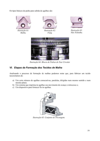 Os tipos básicos de pedra para subida de agulhas são:




         Ilustração 61:                    Ilustração 62:                     Ilustração 63:
             Malha.                             Fang.                         Não Trabalha.




                          Ilustração 64: Blocos de Pedras do Tear Circular.

VI. Etapas da Formação dos Tecidos de Malha

Analisando o processo de formação de malhas podemos notar que, para fabricar um tecido
necessitamos de:

   a) Um certo número de agulhas consecutivas, paralelas, dirigidas num mesmo sentido e num
      mesmo plano;
   b) Um sistema que imprima às agulhas seu movimento de avanço e retrocesso e;
   c) Um dispositivo para fornecer fio às agulhas.




                             Ilustração 65: Conjunto de Tricotagem.




                                                                                               19
 