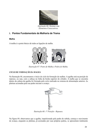 Ilustração 66: Sistema com
                                    Elementos Consecutivos.

i. Pontos Fundamentais da Malharia de Trama

Malha

A malha é o ponto básico de todas as ligações de malha.




                        Ilustração 67: Ponto de Malha e Pedra de Malha.

CICLO DE FORMAÇÃO DA MALHA

Na Ilustração 68, encontramos o início do ciclo de formação de malhas. A agulha está na posição de
repouso, ou seja, com a cabeça na linha da borda superior do cilindro. A malha que se encontra
dentro da cabeça da agulha foi formada pelo ciclo realizado no sistema de alimentação anterior. As
platinas acionadas pela sua pedra iniciam o avanço.




                              Ilustração 68: 1° Posição - Repouso.


Na figura 69, observamos que a agulha, impulsionada pela pedra de subida, começa o movimento
de avanço, enquanto as platinas, já acionadas por suas próprias pedras, se apresentam totalmente


                                                                                              20
 