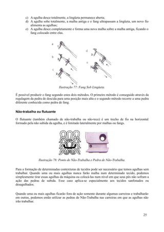 c) A agulha desce totalmente, a lingüeta permanece aberta;
       d) A agulha sobe totalmente, a malha antiga e o fang ultrapassam a lingüeta, um novo fio
          alimenta as agulhas;
       e) A agulha desce completamente e forma uma nova malha sobre a malha antiga, ficando o
          fang colocado entre elas.




                               Ilustração 77: Fang Sob Lingüeta.

É possível produzir o fang segundo estes dois métodos. O primeiro método é conseguido através da
regulagem da pedra de descida para uma posição mais alta e o segundo método recorre a uma pedra
diferente conhecida como pedra de fang.

Não-trabalha ou flutuante

O flutuante (também chamado de não-trabalha ou não-tece) é um trecho de fio na horizontal
formado pela não subida da agulha, e é limitado lateralmente por malhas ou fangs.




                Ilustração 78: Ponto de Não-Trabalha e Pedra de Não-Trabalha.

Para a formação de determinadas contexturas de tecidos pode ser necessário que temos agulhas sem
trabalhar. Quando uma ou mais agulhas nunca farão malha num determinado tecido, podemos
simplesmente tirar essas agulhas da máquina ou colocá-las num nível em que seus pés não sofram a
ação das pedras de subida. Esse caso aplica-se especialmente aos tecidos sanfonados ou
desagulhados.

Quando uma ou mais agulhas ficarão fora de ação somente durante algumas carreiras e trabalharão
em outras, podemos então utilizar as pedras de Não-Trabalha nas carreiras em que as agulhas não
irão trabalhar.



                                                                                            25
 