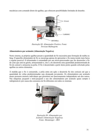 mecânicas com comando direto de agulhas, que oferecem possibilidades limitadas de desenho.




                           Ilustração 88: Alimentador Positivo. Fonte:
                                      Trevizan Malmegrim.

Alimentadores por acúmulo (Alimentação Negativa)

Neste sistema, as próprias agulhas puxam a quantidade de fio necessária para formação de malha ou
fang. O aparelho alimentador de fio se encarrega apenas de apresentar o fio numa tensão mais baixa
e regular possível. O alimentador é comandado por um micro-processador que faz desenrolar o fio
do cone que está na gaiola, armazenando-o, isto é, ele desenrola uma quantidade predeterminada de
fio do conical e armazena na polia. O fio é desenrolado a partir deste ponto quando solicitado pelas
agulhas ou outros elementos.

À medida que o fio é consumido, a polia entra em ação e desenrola fio dos conicais até que a
quantidade de voltas predeterminadas seja alcançada novamente. Os alimentadores por acúmulo
atuais possuem motores individuais que permitem um funcionamento independente uns dos outros.
Nas máquinas jacquard e mini-jacquard o uso dos alimentadores por acúmulo quase sempre é
indispensável, por causa dos consumos de fio diferentes em todos os sistemas.




                                  Ilustração 89: Alimentador por
                                 Acúmulo (Alimentação Negativa).
                                     Fonte: Memminger - IRO.



                                                                                                31
 