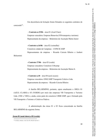30
Em decorrência da licitação foram firmados os seguintes contratos de
concessão41
:
- Contrato n.15/06 – área 01 (Azul Claro)
Empresa vencedora: Empresa Bonavita (VB transporte e turismo)
Representante da empresa – Belarmino de Ascenção Marta Junior
- Contrato n.16/06 – área 02 (vermelha)
Consórcio cidade de Campinas – CONCICAMP
Representantes da empresa – Ricardo Caixeta Ribeiro e Joubert
Beluomini
- Contrato 17/06 – área 03 (verde)
Empresa vencedora: Consórcio Urbcamp
Representante da empresa – Belarmino da Ascenção Marta Jr.
- Contrato n.18 – área 04 (azul escuro)
Empresa vencedora: ONICAMP Transporte Coletivo Ltda.
Representante da empresa – Ricardo Caixeta Ribeiro
A família BELARMINO, portanto, opera atualmente a ÁREA 01
(AZUL CLARO) e 03 (VERDE) por meio das empresas VB Transportes e Turismo
Ltda. (VB1 e VB3) e, ainda, como parte do consórcio URBCAMP, que é formado pela
VB Transporte e Turismo e Coletivos Padova.
A administração das áreas 01 e 03 ficou concentrada na família
BELARMINO da seguinte forma.
Áreas 01 (azul claro) e 03 (verde)
41 IC 50/12, Anexo I, Vol. 02 e fls.74/107 do Vol. 5
Paraconferirooriginal,acesseositehttps://esaj.tjsp.jus.br/pastadigital/pg/abrirConferenciaDocumento.do,informeoprocesso1014322-30.2018.8.26.0114ecódigo39D8DC3.
Estedocumentoécópiadooriginal,assinadodigitalmenteporCRISTIANECORREADESOUZAHILLALeTribunaldeJusticadoEstadodeSaoPaulo,liberadonosautosem03/04/2018às17:19.
fls. 30
 