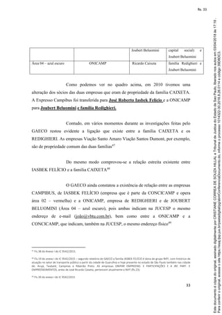 33
Joubert Beluomini capital social) e
Joubert Beluomini
Área 04 – azul escuro ONICAMP Ricardo Caixeta família Redighieri e
Joubert Beluomini
Como podemos ver no quadro acima, em 2010 tivemos uma
alteração dos sócios das duas empresas que eram de propriedade da família CAIXETA.
A Expresso Campibus foi transferida para José Roberto Iasbek Felício e a ONICAMP
para Joubert Beluomini e família Redighieri.
Contudo, em vários momentos durante as investigações feitas pelo
GAECO restou evidente a ligação que existe entre a família CAIXETA e os
REDIGHIERI. As empresas Viação Santo Amaro Viação Santos Dumont, por exemplo,
são de propriedade comum das duas famílias47
Do mesmo modo comprovou-se a relação estreita existente entre
IASBEK FELÍCIO e a família CAIXETA48
O GAECO ainda constatou a existência de relação entre as empresas
CAMPIBUS, de IASBEK FELÍCIO (empresa que é parte da CONCICAMP e opera
área 02 – vermelha) e a ONICAMP, empresa de REDIGHIERI e de JOUBERT
BELUOMINI (Área 04 – azul escuro), pois ambas indicam na JUCESP o mesmo
endereço de e-mail (joão@vbtu.com.br), bem como entre a ONICAMP e a
CONCICAMP, que indicam, também na JUCESP, o mesmo endereço físico49
47 Fls.38 do Anexo I do IC 9542/2015.
48 Fls.19 do anexo I do IC 9542/2015 – segundo relatório do GAECO a família IASBEK FELÍCIO é dona do grupo NIFF, com histórico de
atuação no setor de transporte público a partir da cidade de Guarulhos e hoje presente no estado de São Paulo também nas cidade
de: Arujá, Taubaté, Campinas e Ribeirão Preto. AS empresas ONIPAR EMPREEND. E PARTICIPAÇÕES E A JRC PART. E
EMPREENDIMENTOS, antes de José Ricardo Caixeta, pertencem atualmente a NIFF (fls.23).
49 Fls.39 do anexo I do IC 9542/2015
Paraconferirooriginal,acesseositehttps://esaj.tjsp.jus.br/pastadigital/pg/abrirConferenciaDocumento.do,informeoprocesso1014322-30.2018.8.26.0114ecódigo39D8DC3.
Estedocumentoécópiadooriginal,assinadodigitalmenteporCRISTIANECORREADESOUZAHILLALeTribunaldeJusticadoEstadodeSaoPaulo,liberadonosautosem03/04/2018às17:19.
fls. 33
 