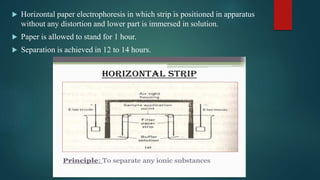  Horizontal paper electrophoresis in which strip is positioned in apparatus
without any distortion and lower part is immersed in solution.
 Paper is allowed to stand for 1 hour.
 Separation is achieved in 12 to 14 hours.
 