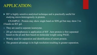 APPLICATION:
 IEF is highly sensitive analytical technique and is practically useful for
studying micro-heterogeneity in protein.
EXAMPLE: Protein may show single band on SDS gel but may show 3 to
4 bands on IEF gel.
 They are used to separate isoenzyme.
 2D gel electrophoresis is application of IEF , here protein is first separated
based on the pI and then based on molecular weight using PAGE.
 Widely used for separation and identification of serum protein.
 The greatest advantage is its high resolution resulting in greater separation.
 