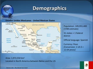Demographics Estados Unidos Mexicanos  -  United Mexican States   Located in North America between Belize and the US Area: 1,972,550 km 2 Source: CIA - The World Fact book Population: 109,955,400 (7/08 estimate)  31 states + 1 federal district Official language: Spanish  Currency: Peso  [Conversion: 1 US $ = 12.64 pesos] 