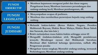 FUNGSI
EKSEKUTIF
 Membuat keputusan mengenai polisi dan dasar negara;
Pengeluaran lesen; Membuat instrumen perundangan dan
undang-undang kecil; Membuat pembangunan, dll.
FUNGSI
LEGISLATIF
 Menyampaikan ucapan di parlimen.
 Membuat dan memberikan persetujuan kepada rang undang-
undang.
FUNGSI
JUDISIARI
Melantik hakim-hakim (Ketua Hakim Negara, Presiden
Mahkamah Rayuan, Hakim Besar Malaya, Hakim Besar Sabah
dan Sarawak, dan lain-lain )
Boleh melanjutkan masa hakim-hakim sehingga umur 65
Mengadili tindakan-tindakan sivil; Mengadili pendakwaan
jenayah; Mendengar rayuan dari Mahkamah bawahan;
Membuat dikri halehwal keluarga (perceraian, nafkah dll);
Pengurusan pusaka
Mengeluar waran tangkap; Mentafsir undang-undang, termasuk
Perlembagaan; Membuat undang-undang
 