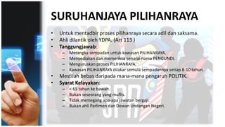 SURUHANJAYA PILIHANRAYA
• Untuk mentadbir proses pilihanraya secara adil dan saksama.
• Ahli dilantik oleh YDPA. (Art 113 )
• Tanggungjawab:
– Merangka sempadan untuk kawasan PILIHANRAYA.
– Menyediakan dan memeriksa senarai nama PENGUNDI.
– Menguruskan proses PILIHANRAYA.
– Kawasan PILIHANRAYA dilakar semula sempadannya setiap 8-10 tahun.
• Mestilah bebas daripada mana-mana pengaruh POLITIK.
• Syarat Kelayakan:
– < 65 tahun ke bawah.
– Bukan seseorang yang muflis.
– Tidak memegang apa-apa jawatan bergaji.
– Bukan ahli Parlimen dan Dewan Undangan Negeri.
 