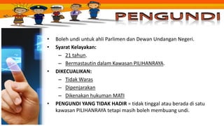 • Boleh undi untuk ahli Parlimen dan Dewan Undangan Negeri.
• Syarat Kelayakan:
– 21 tahun.
– Bermastautin dalam Kawasan PILIHANRAYA.
• DIKECUALIKAN:
– Tidak Waras
– Dipenjarakan
– Dikenakan hukuman MATI
• PENGUNDI YANG TIDAK HADIR = tidak tinggal atau berada di satu
kawasan PILIHANRAYA tetapi masih boleh membuang undi.
 