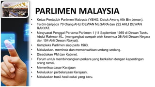 PARLIMEN MALAYSIA
• Ketua Pentadbir Parlimen Malaysia (YBHG. Datuk Awang Alik Bin Jeman).
• Terdiri daripada 70 Orang AHLI DEWAN NEGARA dan 222 AHLI DEWAN
RAKYAT.
• Mesyuarat Penggal Pertama Parlimen 1 (11 September 1959 di Dewan Tunku
Abdul Rahman KL. (mengangkat sumpah oleh kesemua 38 Ahli Dewan Negara
dan 104 Ahli Dewan Rakyat).
• Kompleks Parlimen siap pada 1963.
• Meluluskan, meminda dan memansuhkan undang-undang.
• Disediakan PM dan Kabinet.
• Forum untuk membincangkan perkara yang berkaitan dengan kepentingan
orang ramai.
• Memeriksa dasar Kerajaan
• Meluluskan perbelanjaan Kerajaan.
• Meluluskan hasil-hasil cukai yang baru.
 