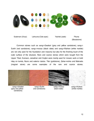 12
Sulaimani (Onyx) Lahsunia (Cats eyes) Yasheb (Jade) Pitunia
(Bloodstone)
Common stones such as sang-i-Gwaliari (grey and yellow sandstone), sang-i-
Surkh (red sandstone), sang-i-moosa (black slate) and sang-i-Rukhan (white marble)
are not only used for the foundation and masonry but also for the finishing touch of the
outer surface of the structure. Rare and scarce stones which were bought from the
Upper Tibet, Kumaon, Jaisalmer and Ceylon were mainly used for mosaic work or bold
inlay on turrets, floors and exterior dados. Tilai (goldstone), Zahar-mohra and Maknatis
(magnet stone) are some examples of the rare and scarce stones.
sang-i-Gwaliari sang-i-Surkh sang-i-moosa sang-i-Rukhan
(grey and yellow (red sandstone) (black slate) (white marble)
sandstone)
 