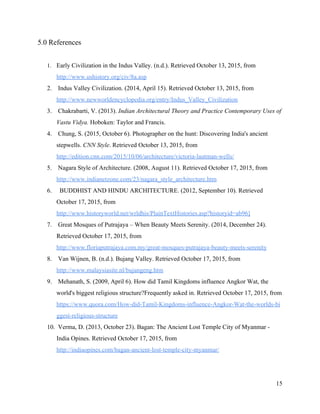 5.0 References 
 
1. Early Civilization in the Indus Valley. (n.d.). Retrieved October 13, 2015, from 
http://www.ushistory.org/civ/8a.asp  
2.  Indus Valley Civilization. (2014, April 15). Retrieved October 13, 2015, from 
http://www.newworldencyclopedia.org/entry/Indus_Valley_Civilization  
3.  Chakrabarti, V. (2013). ​Indian Architectural Theory and Practice Contemporary Uses of 
Vastu Vidya.​ Hoboken: Taylor and Francis.  
4.  Chung, S. (2015, October 6). Photographer on the hunt: Discovering India's ancient 
stepwells. ​CNN Style​. Retrieved October 13, 2015, from 
http://edition.cnn.com/2015/10/06/architecture/victoria­lautman­wells/  
5.  Nagara Style of Architecture. (2008, August 11). Retrieved October 17, 2015, from 
http://www.indianetzone.com/23/nagara_style_architecture.htm  
6.   BUDDHIST AND HINDU ARCHITECTURE. (2012, September 10). Retrieved 
October 17, 2015, from 
http://www.historyworld.net/wrldhis/PlainTextHistories.asp?historyid=ab96]  
7.  Great Mosques of Putrajaya – When Beauty Meets Serenity. (2014, December 24). 
Retrieved October 17, 2015, from 
http://www.floriaputrajaya.com.my/great­mosques­putrajaya­beauty­meets­serenity  
8.  Van Wijnen, B. (n.d.). Bujang Valley. Retrieved October 17, 2015, from 
http://www.malaysiasite.nl/bujangeng.htm  
9.  Mehanath, S. (2009, April 6). How did Tamil Kingdoms influence Angkor Wat, the 
world's biggest religious structure?Frequently asked in. Retrieved October 17, 2015, from 
https://www.quora.com/How­did­Tamil­Kingdoms­influence­Angkor­Wat­the­worlds­bi
ggest­religious­structure  
10.  Verma, D. (2013, October 23). Bagan: The Ancient Lost Temple City of Myanmar ­ 
India Opines. Retrieved October 17, 2015, from 
http://indiaopines.com/bagan­ancient­lost­temple­city­myanmar/  
 
15 
 