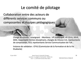 15 juin 201515 juin 2015 Maud Puaud, Université d'AngersMaud Puaud, Université d'Angers
Journée « Le plagiat à l'Université : l'affaire deJournée « Le plagiat à l'Université : l'affaire de
tous !  », Université Savoie-Mont Blanctous !  », Université Savoie-Mont Blanc
2222
Le comité de pilotageLe comité de pilotage
Collaboration entre des acteurs deCollaboration entre des acteurs de
différents services communs oudifférents services communs ou
composantes et équipes pédagogiquescomposantes et équipes pédagogiques
Chargé de mission : enseignant - Membres : VP numérique, VP CEVU, DEVE,Chargé de mission : enseignant - Membres : VP numérique, VP CEVU, DEVE,
DDN, responsable Section disciplinaire, chargée de mission C2i, représentantsDDN, responsable Section disciplinaire, chargée de mission C2i, représentants
de composantes, SCD, représentants Service Communication de l'UA...de composantes, SCD, représentants Service Communication de l'UA...
Instance de validation : CFVU (Commission de la Formation et de la VieInstance de validation : CFVU (Commission de la Formation et de la Vie
Etudiante)Etudiante)
Public Domain Pictures, sur Pixabay, CC0
 