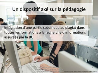 15 juin 201515 juin 2015 Maud Puaud, Université d'AngersMaud Puaud, Université d'Angers
Journée « Le plagiat à l'Université : l'affaire deJournée « Le plagiat à l'Université : l'affaire de
tous !  », Université Savoie-Mont Blanctous !  », Université Savoie-Mont Blanc
2525
Un dispositif axé sur la pédagogieUn dispositif axé sur la pédagogie
Intégration d'une partie spécifique au plagiat dansIntégration d'une partie spécifique au plagiat dans
toutes les formations à la recherche d'informationstoutes les formations à la recherche d'informations
assurées par la BUassurées par la BU
University of the Fraser Valley, UFV Graphic and Digital Design program, CC BY 2.0
 