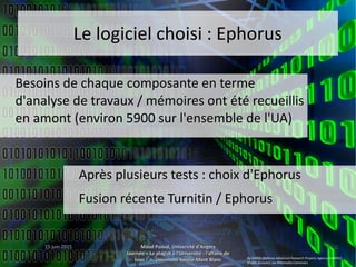 15 juin 201515 juin 2015 Maud Puaud, Université d'AngersMaud Puaud, Université d'Angers
Journée « Le plagiat à l'Université : l'affaire deJournée « Le plagiat à l'Université : l'affaire de
tous !  », Université Savoie-Mont Blanctous !  », Université Savoie-Mont Blanc
3535
Le logiciel choisi : EphorusLe logiciel choisi : Ephorus
Après plusieurs tests : choix d'EphorusAprès plusieurs tests : choix d'Ephorus
Fusion récente Turnitin / EphorusFusion récente Turnitin / Ephorus
Besoins de chaque composante en termeBesoins de chaque composante en terme
d'analyse de travaux / mémoires ont été recueillisd'analyse de travaux / mémoires ont été recueillis
en amont (environ 5900 sur l'ensemble de l'UA)en amont (environ 5900 sur l'ensemble de l'UA)
By DARPA (Defense Advanced Research Projects Agency (DARPA))
[Public domain], via Wikimedia Commons
 