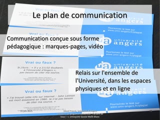 15 juin 201515 juin 2015 Maud Puaud, Université d'AngersMaud Puaud, Université d'Angers
Journée « Le plagiat à l'Université : l'affaire deJournée « Le plagiat à l'Université : l'affaire de
tous !  », Université Savoie-Mont Blanctous !  », Université Savoie-Mont Blanc
4040
Le plan de communicationLe plan de communication
Communication conçue sous formeCommunication conçue sous forme
pédagogique : marques-pages, vidéopédagogique : marques-pages, vidéo
Relais sur l'ensemble deRelais sur l'ensemble de
l'Université, dans les espacesl'Université, dans les espaces
physiques et en lignephysiques et en ligne
 