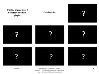 15 juin 201515 juin 2015 Maud Puaud, Université d'AngersMaud Puaud, Université d'Angers
Journée « Le plagiat à l'Université : l'affaire deJournée « Le plagiat à l'Université : l'affaire de
tous !  », Université Savoie-Mont Blanctous !  », Université Savoie-Mont Blanc
88
 ?
?
?
?
?
?
? ?
?Collaboration
Charte / engagement /
déclaration de non-
plagiat
 