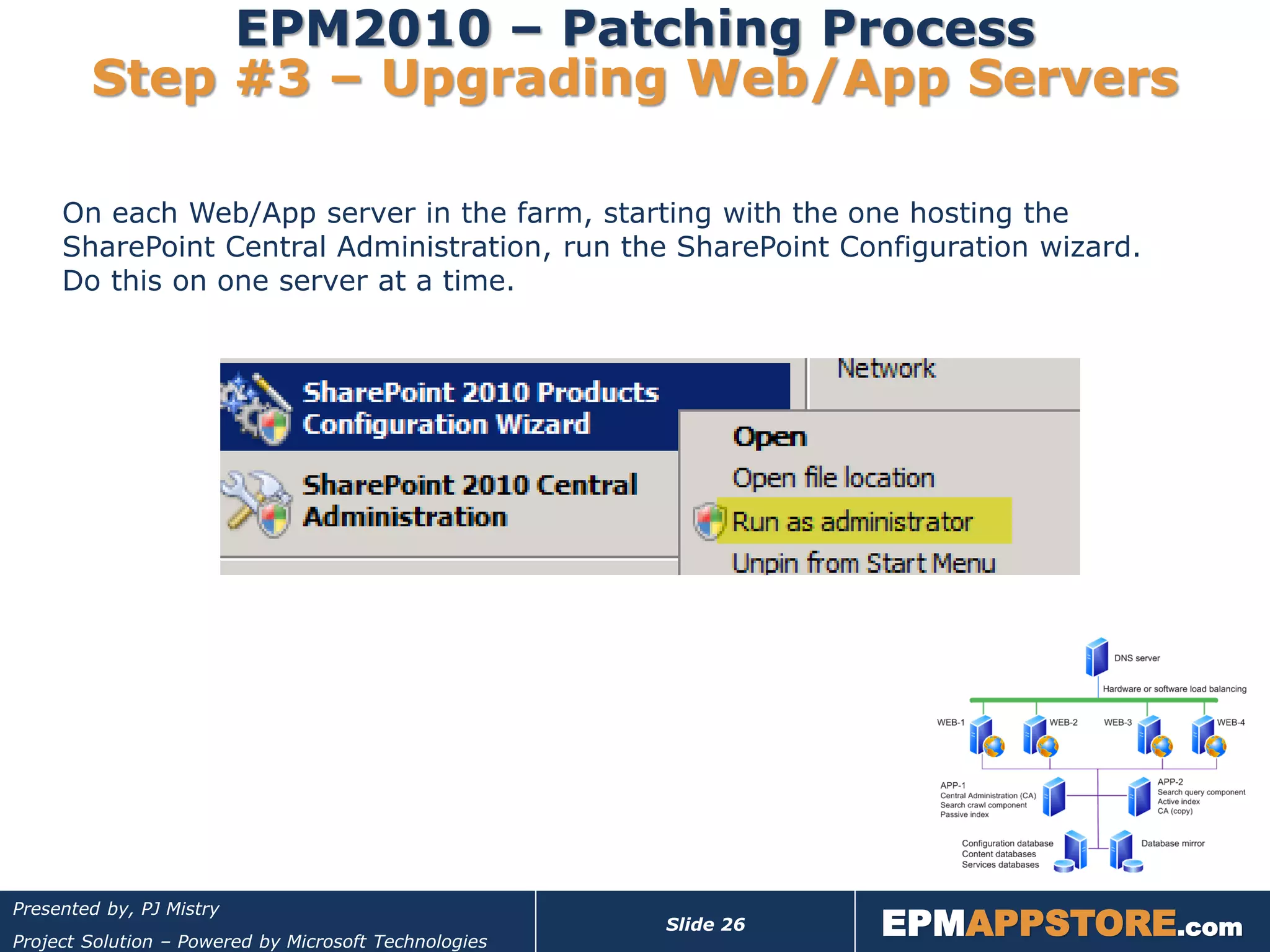 EPM2010 – Patching Process
        Step #3 – Upgrading Web/App Servers

     On each Web/App server in the farm, starting with the one hosting the
     SharePoint Central Administration, run the SharePoint Configuration wizard.
     Do this on one server at a time.




                                                                  EPMAPPSTORE.com
Presented by, PJ Mistry
                                                       Slide 26
Project Solution – Powered by Microsoft Technologies
 